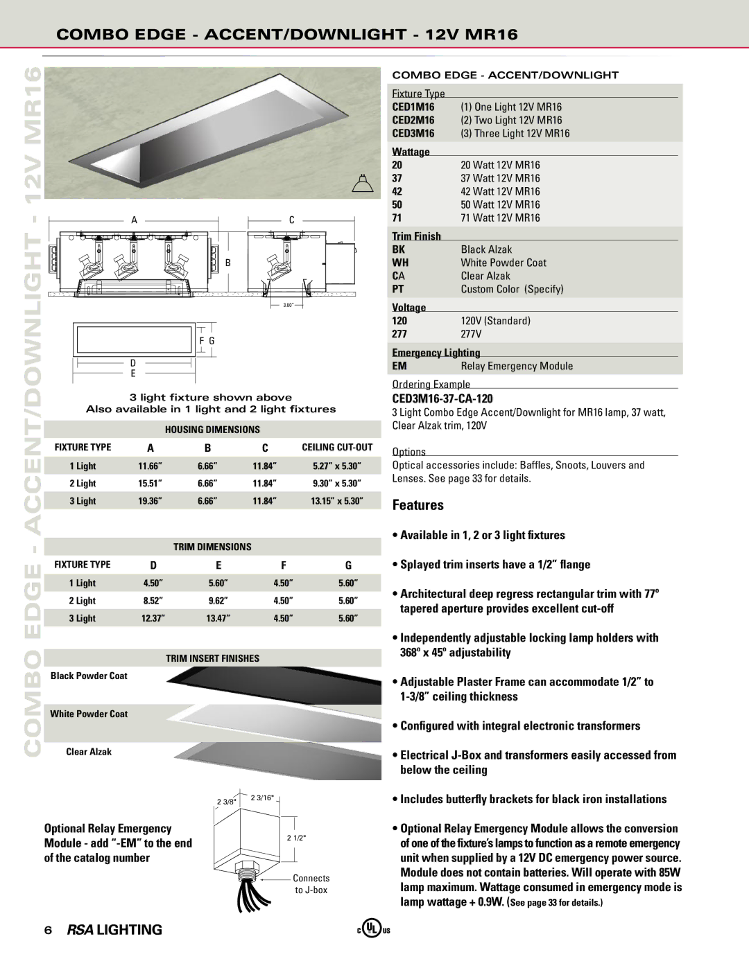 Cooper Lighting manual Accent/Downlight, Combo Edge ACCENT/DOWNLIGHT 12V MR16, CED3M16-37-CA-120 