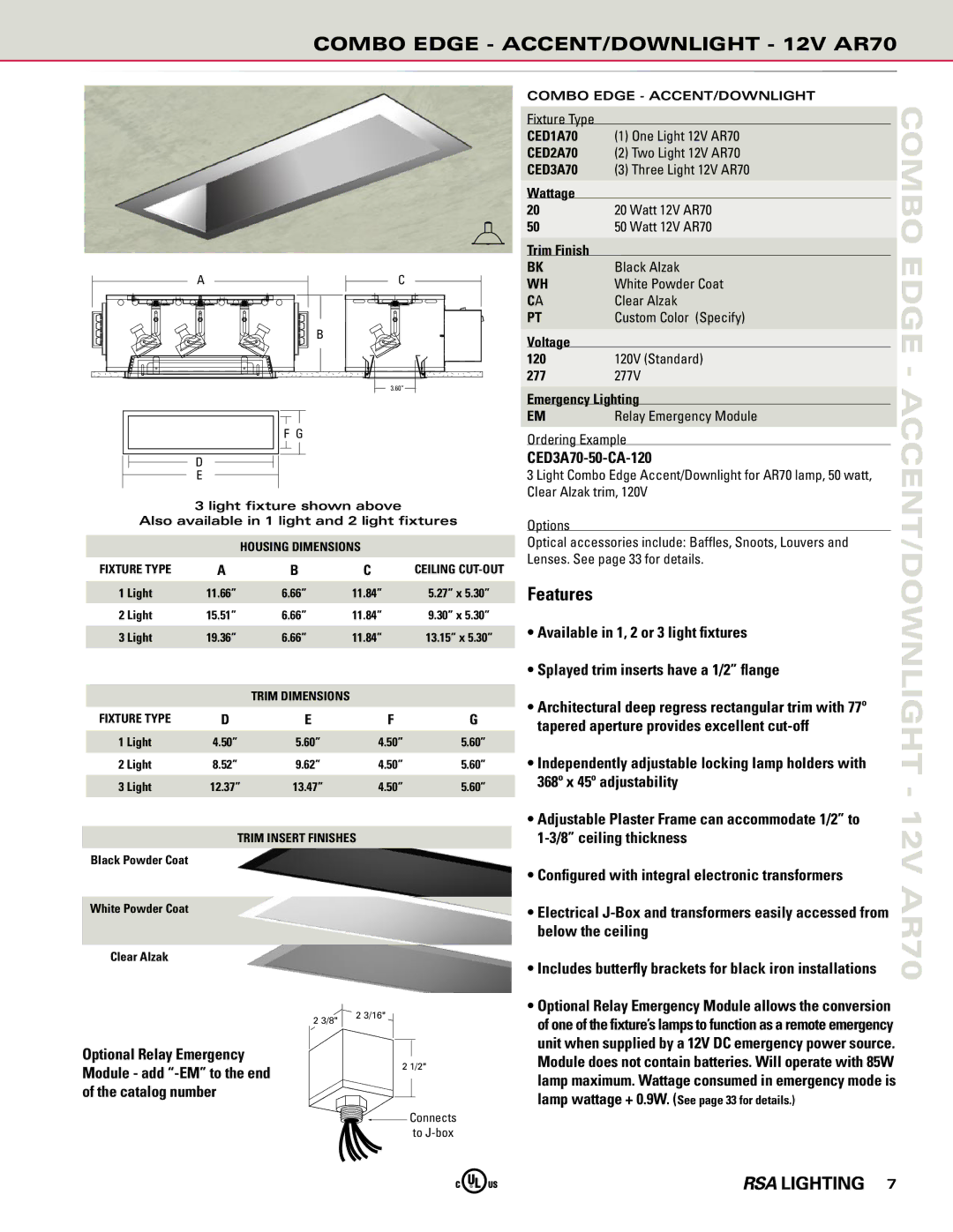 Cooper Lighting manual Combo Edge ACCENT/DOWNLIGHT 12V AR70, CED3A70-50-CA-120 