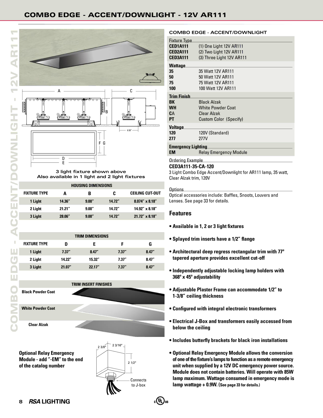Cooper Lighting manual Combo Edge ACCENT/DOWNLIGHT 12V AR111, Optional Relay Emergency Module add -EM to the end 