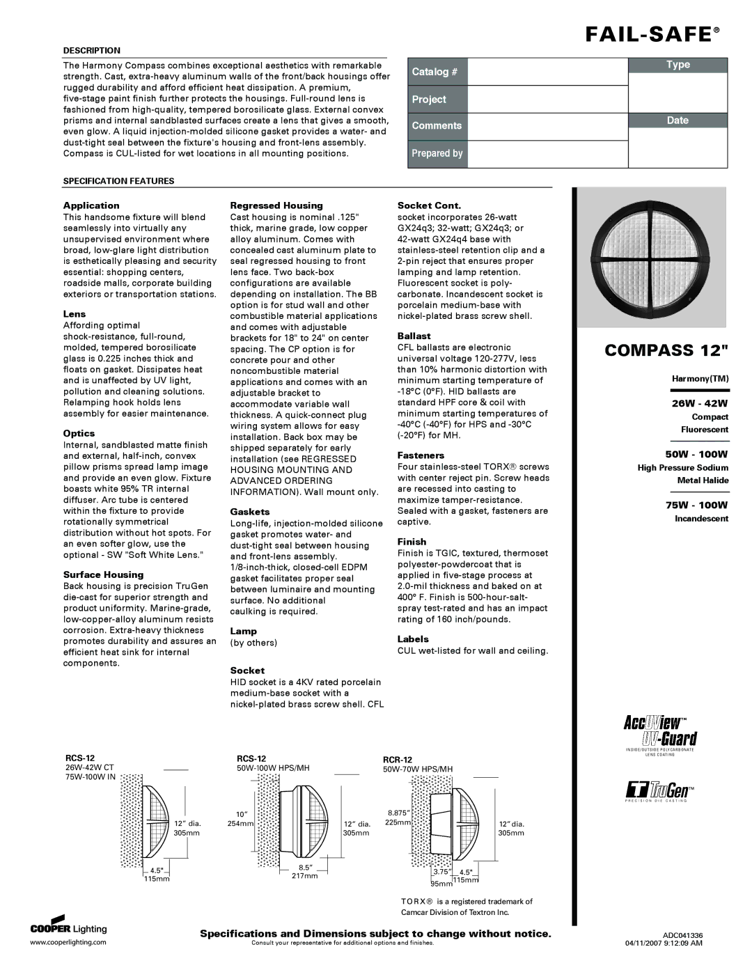 Cooper Lighting Compass 12 specifications Application, Lens, Optics, Surface Housing, Regressed Housing, Gaskets, Lamp 