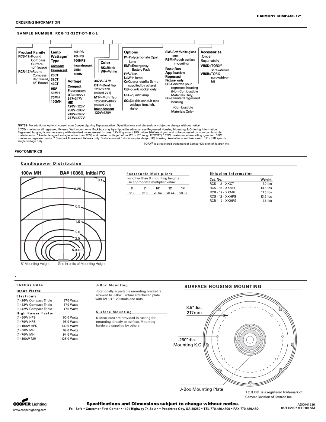 Cooper Lighting Compass 12 specifications Surface Housing Mounting 