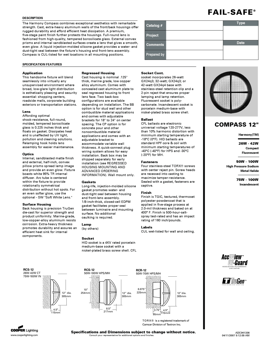 Cooper Lighting Compass 12 specifications 26W - 42W, 50W - 100W, 75W - 100W, Fail-Safe, Catalog #, Project Comments, Type 