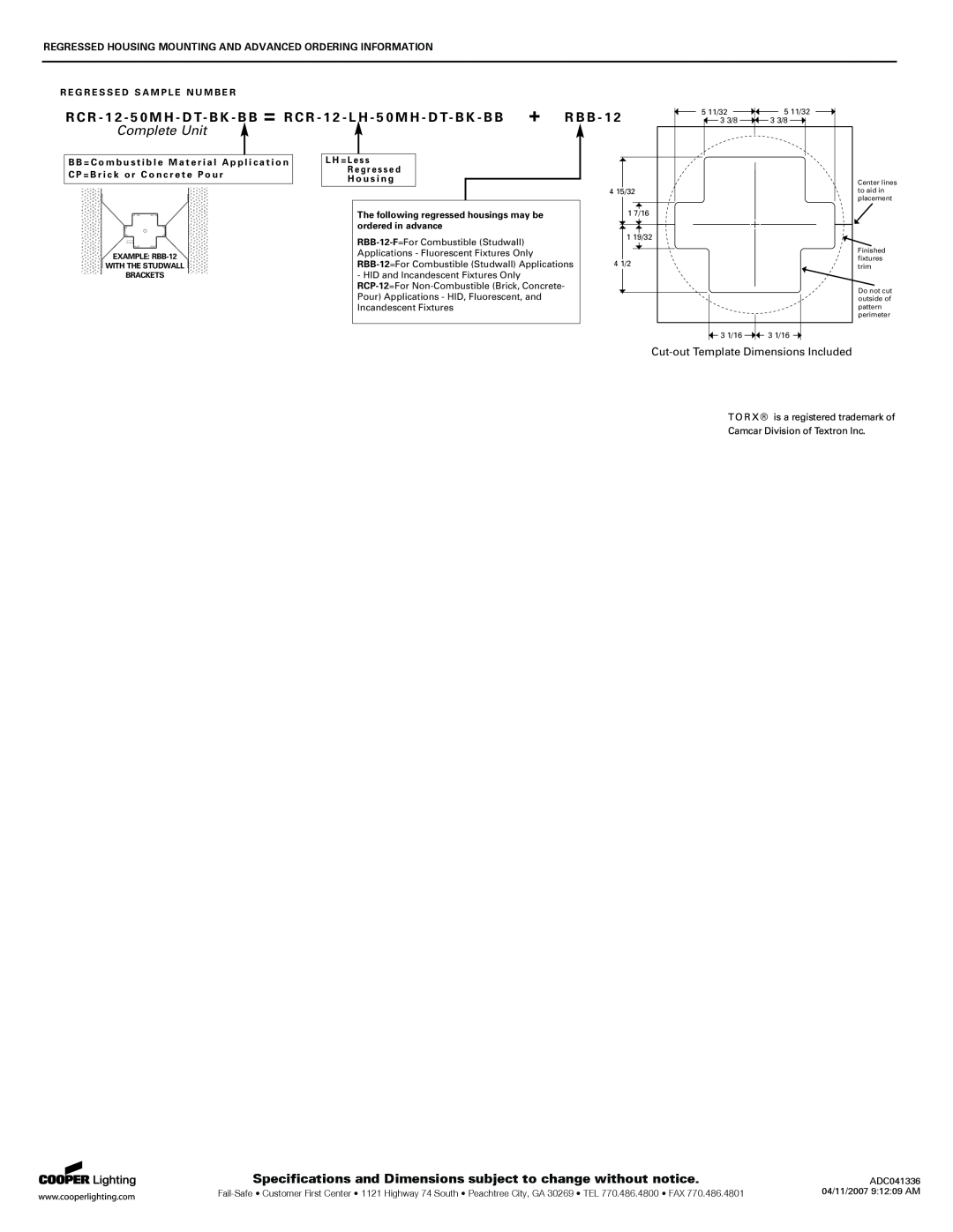 Cooper Lighting Compass 12 specifications + R B B, Complete Unit, Cut-outTemplate Dimensions Included 