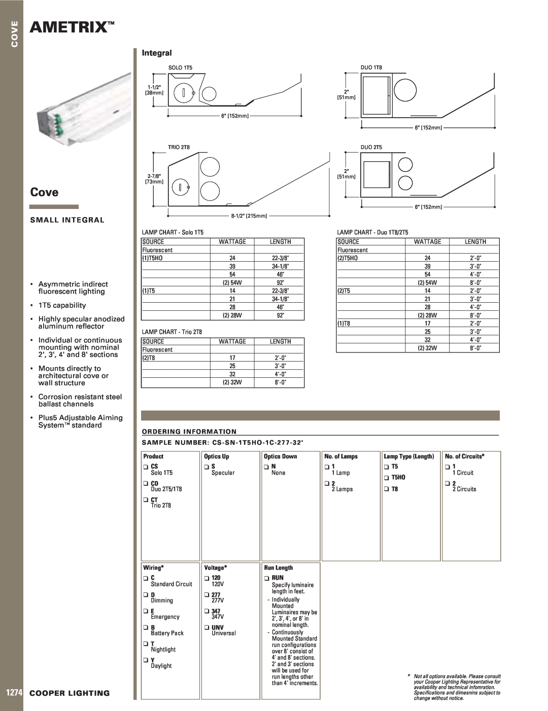 Cooper Lighting Cove specifications Ametrix, Integral, S M A L L I N T E G R A L, Asymmetric indirect ﬂuorescent lighting 