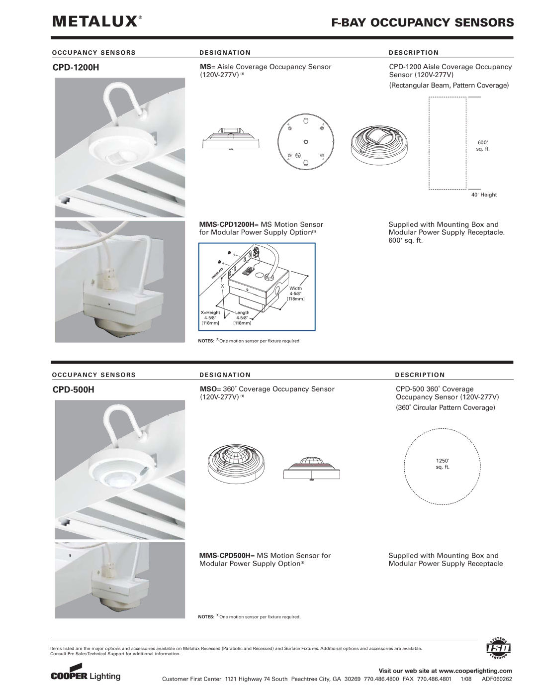 Cooper Lighting CPD-1200H manual Metalux, BAY Occupancy Sensors, CPD-500H 