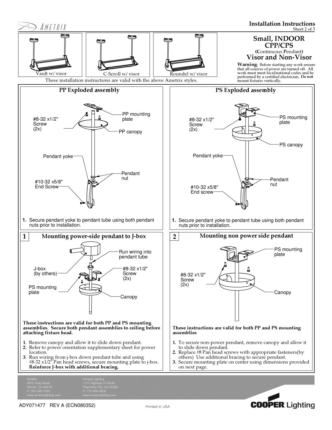 Cooper Lighting CPP/CPS installation instructions PP Exploded assembly PS Exploded assembly 