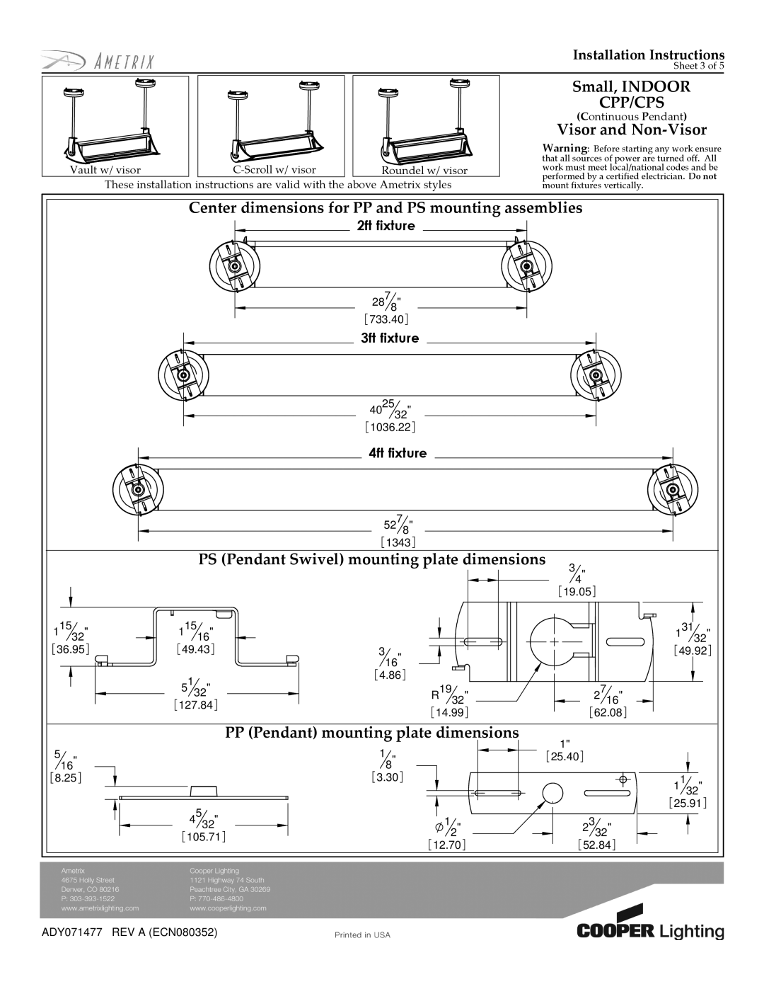 Cooper Lighting CPP/CPS installation instructions PS Pendant Swivel mounting plate dimensions 