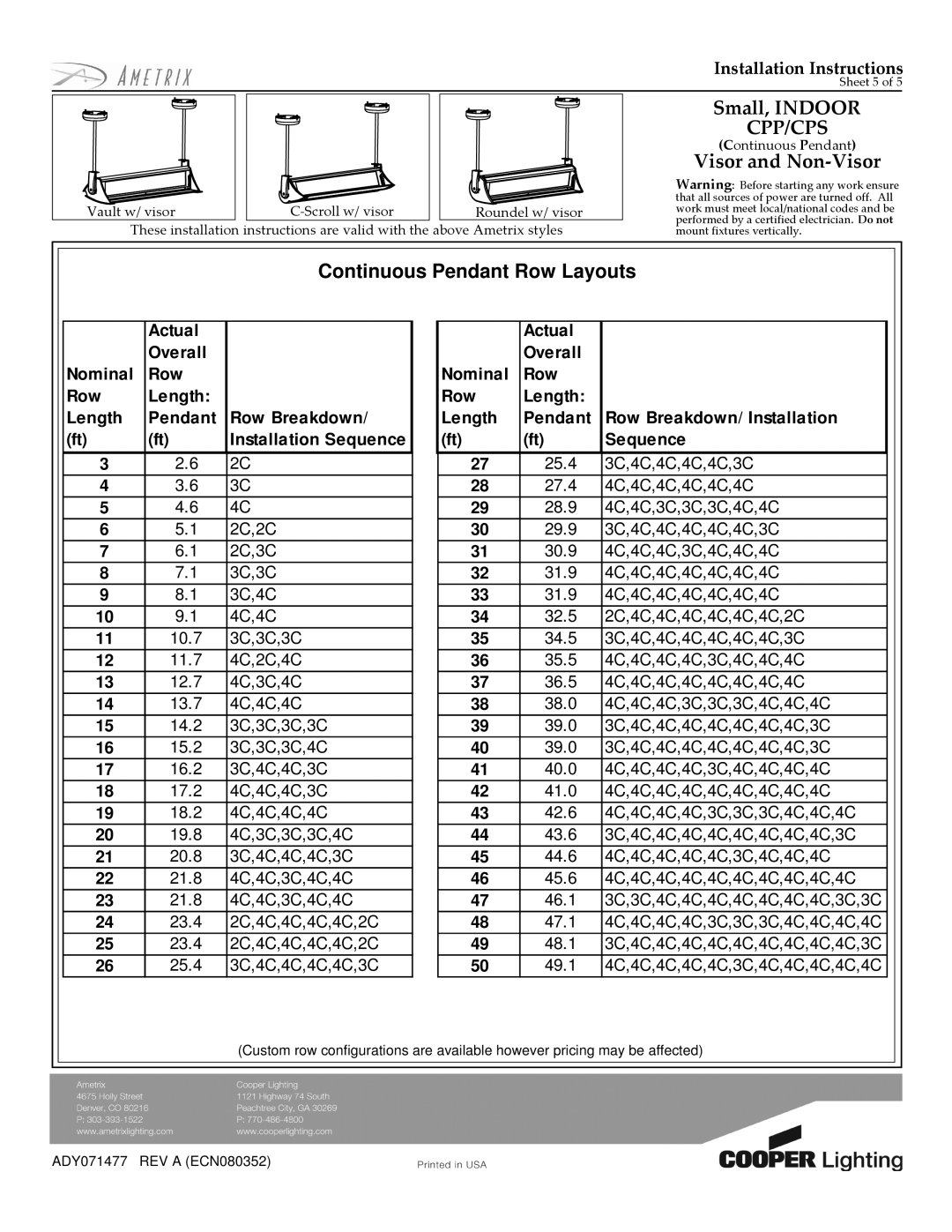 Cooper Lighting CPP/CPS installation instructions Continuous Pendant Row Layouts 