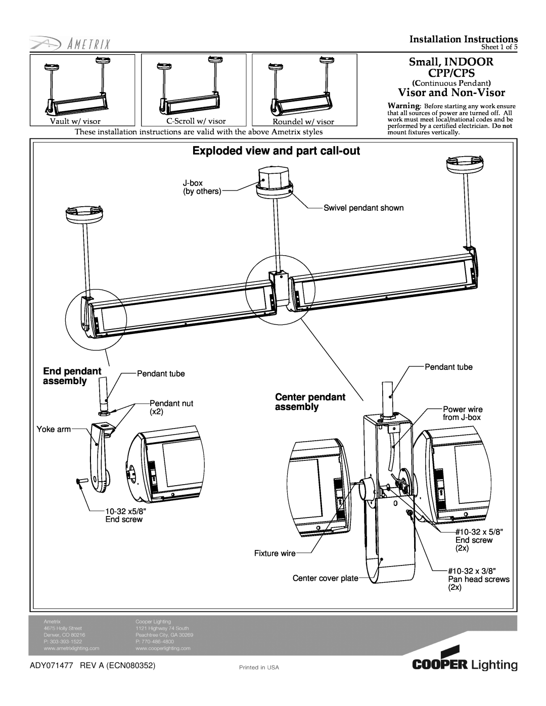 Cooper Lighting installation instructions Small, INDOOR CPP/CPS, Visor and Non-Visor, Exploded view and part call-out 