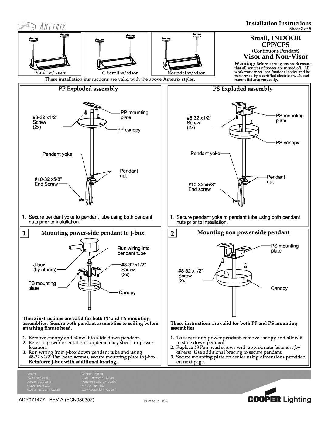 Cooper Lighting CPP/CPS PP Exploded assembly, PS Exploded assembly, 1Mounting power-sidependant to J-box 
