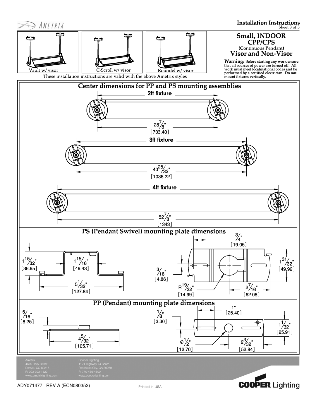 Cooper Lighting CPP/CPS PS Pendant Swivel mounting plate dimensions, PP Pendant mounting plate dimensions, 2ft fixture 