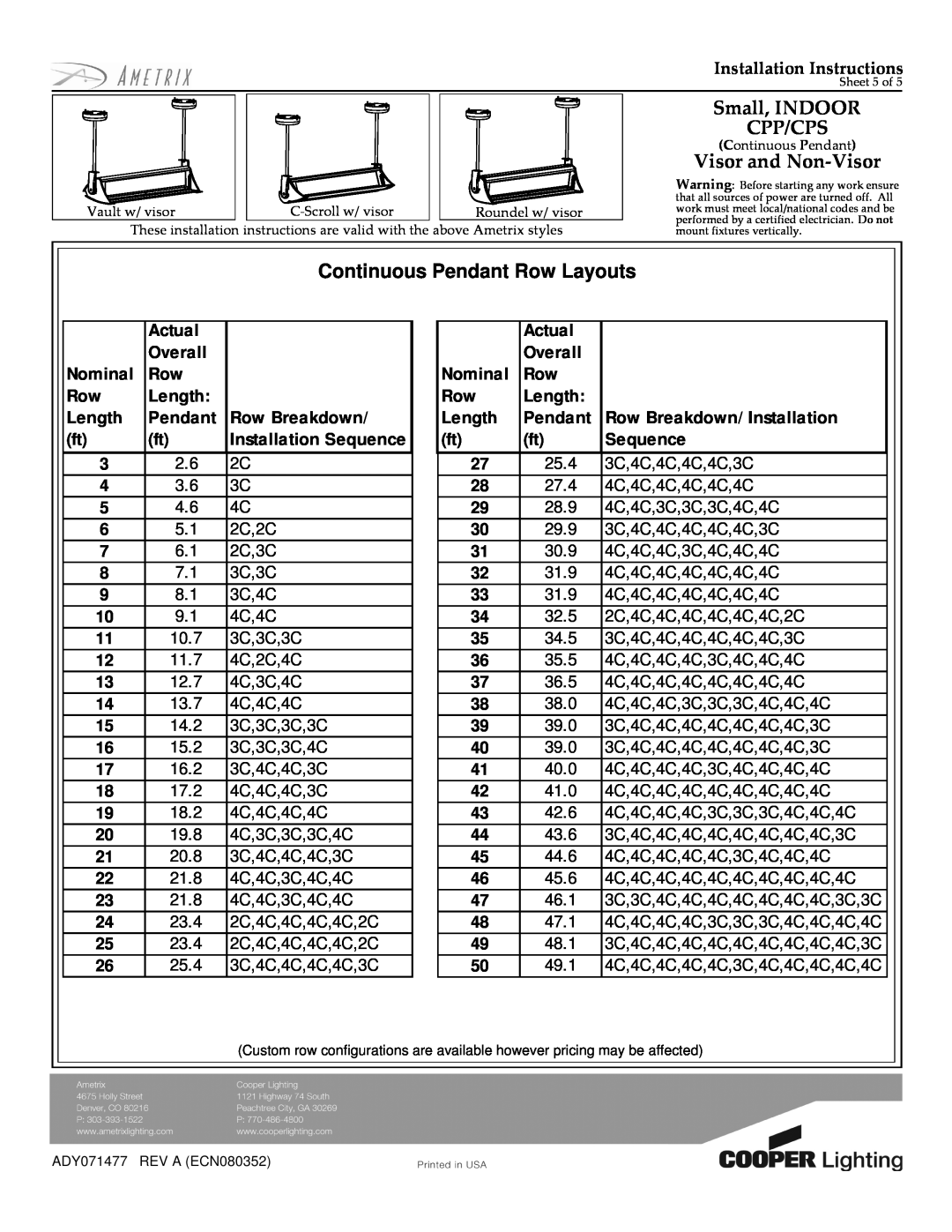 Cooper Lighting Continuous Pendant Row Layouts, Small, INDOOR CPP/CPS, Visor and Non-Visor, Installation Instructions 