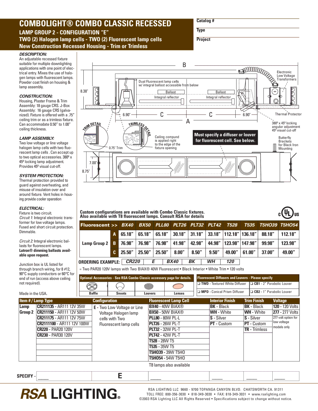 Cooper Lighting CR211135 specifications Description, Construction, Lamp Assembly, Electrical 