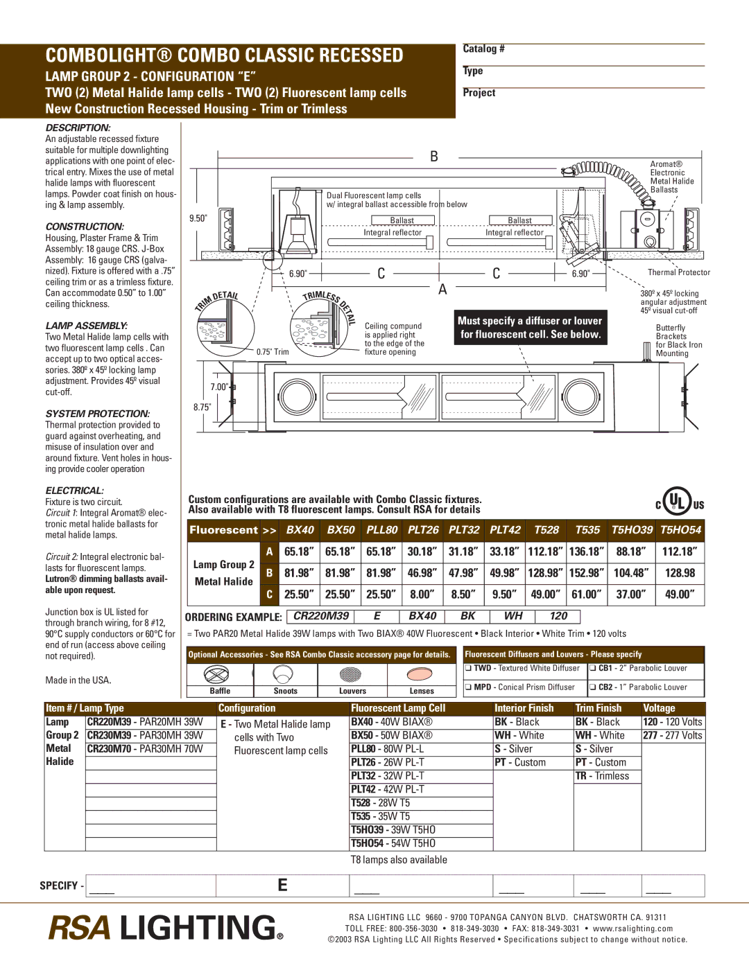 Cooper Lighting CR220M70 specifications Description, Lamp Assembly, Electrical 