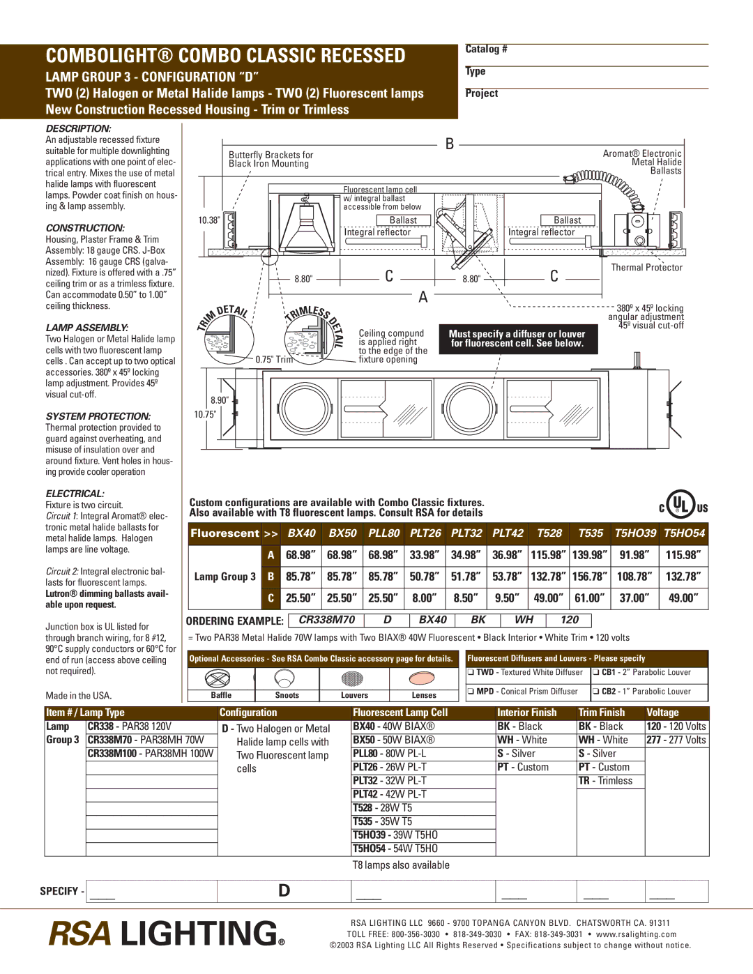 Cooper Lighting CR338M70, CR338M100 specifications Description, Lamp Assembly, Electrical 