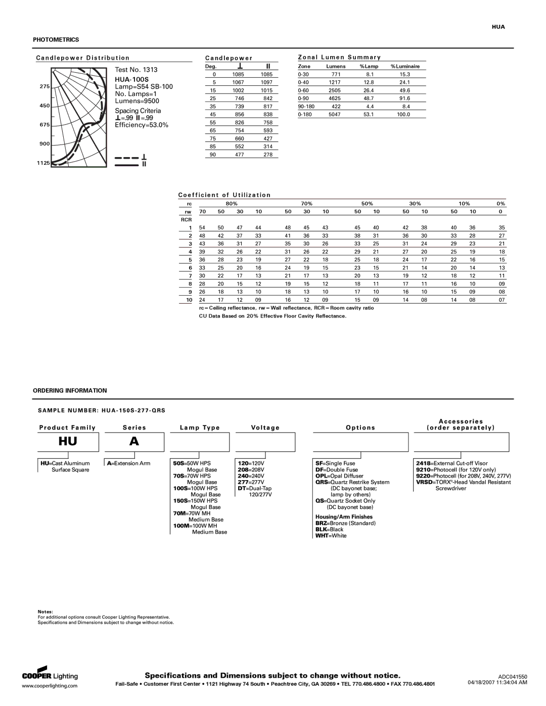 Cooper Lighting CS 3009 specifications HUA-100S, Efficiency=53.0% 