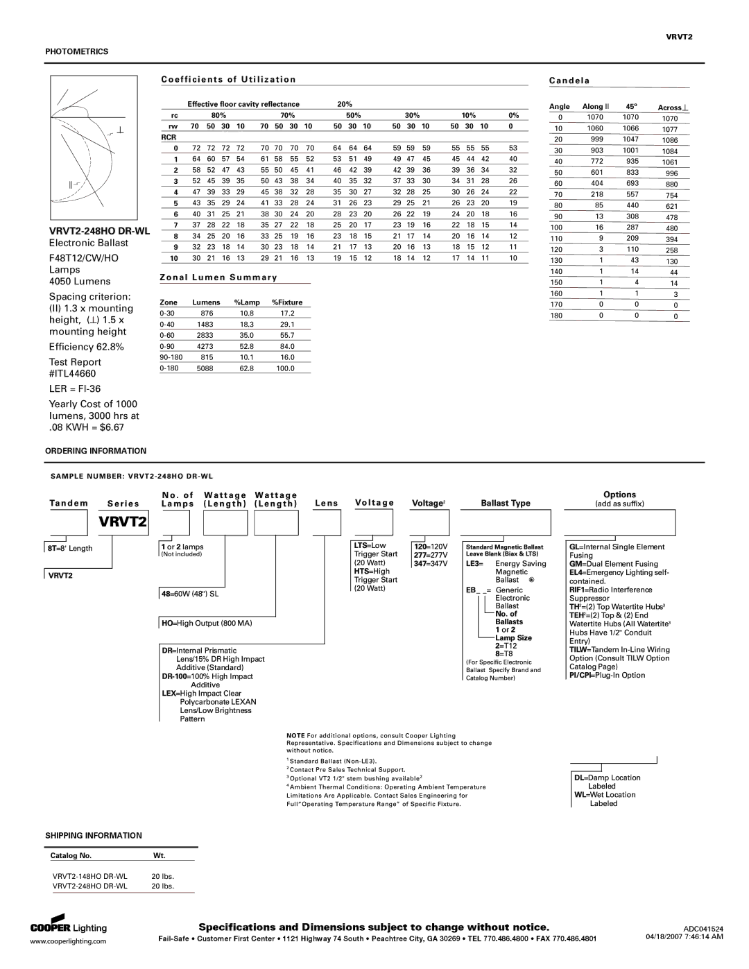 Cooper Lighting CS2165C specifications Photometrics, Ordering Information Shipping Information, VRVT2, Rcr 