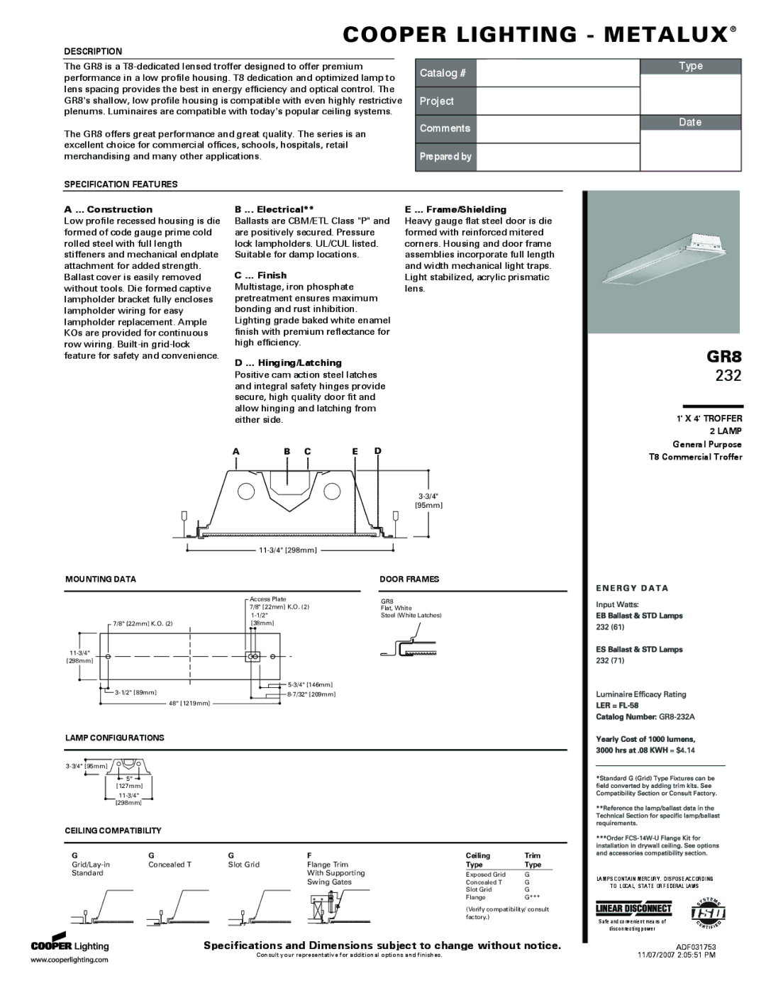 Cooper Lighting CWR-800 specifications Construction, Electrical, Finish, Hinging/Latching, Frame/Shielding 