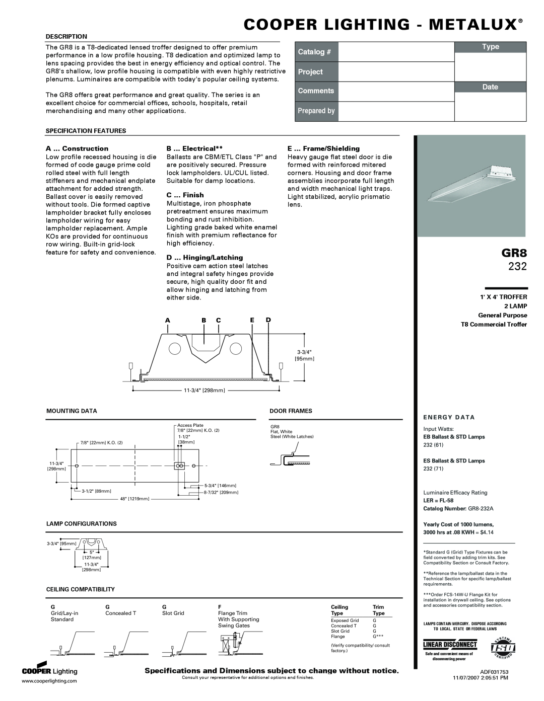 Cooper Lighting CWR-800 specifications Cooper Lighting - Metalux, Catalog #, Project Comments, Prepared by, Type, Date 