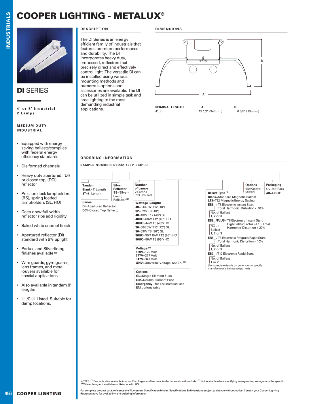 Cooper Lighting DI SERIES dimensions Equipped with energy, Saving ballasts/complies, With federal energy, Reﬂector 