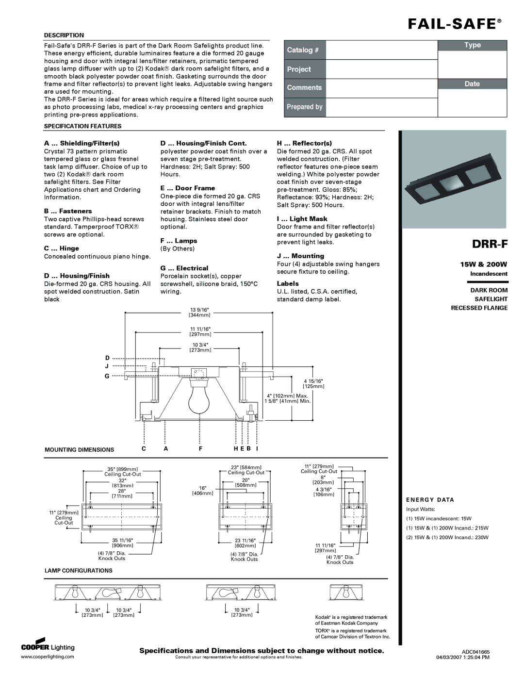 Cooper Lighting DRR-F specifications 15W & 200W 