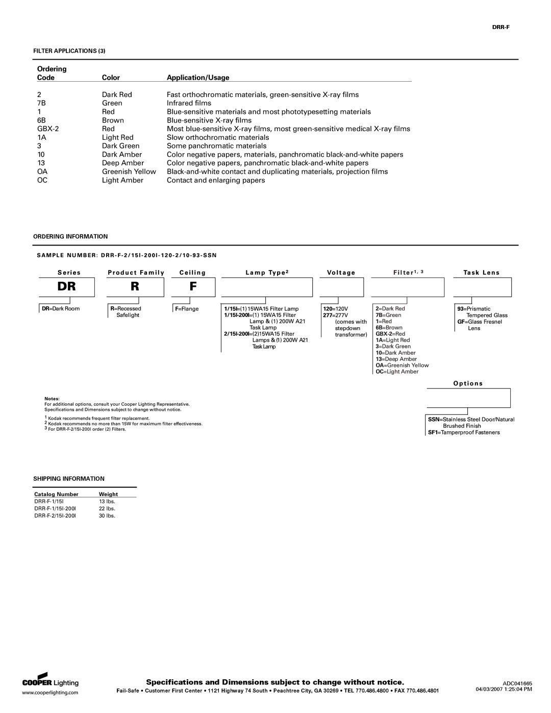 Cooper Lighting DRR-F specifications Ordering Code Color Application/Usage 