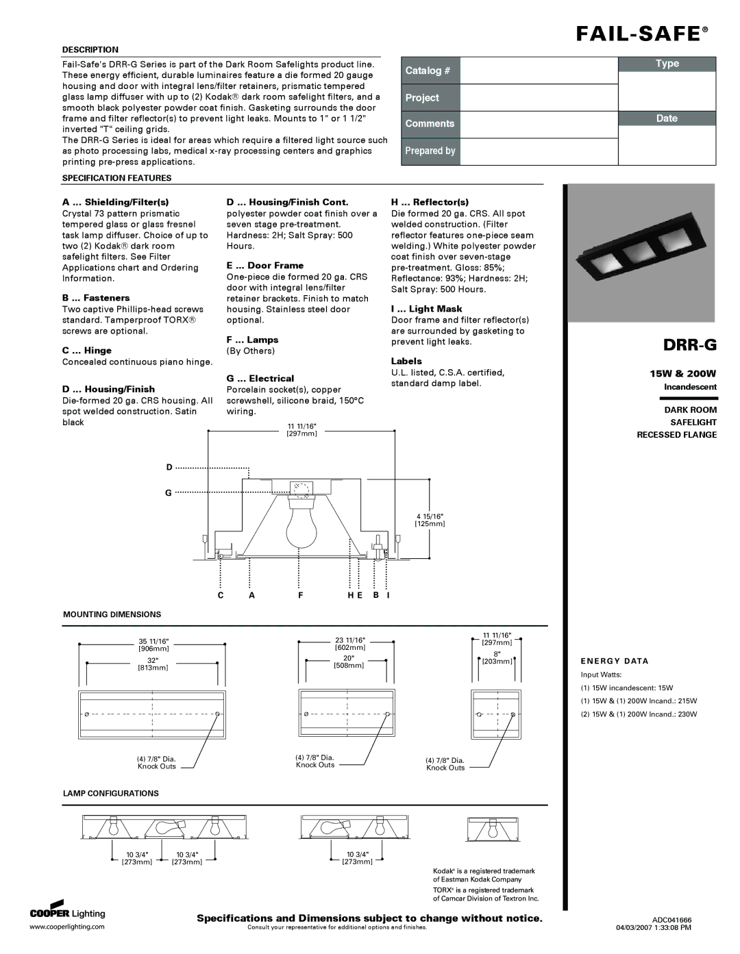 Cooper Lighting DRR-G specifications Fail-Safe, Drr-G, Type, Date, 15W & 200W 