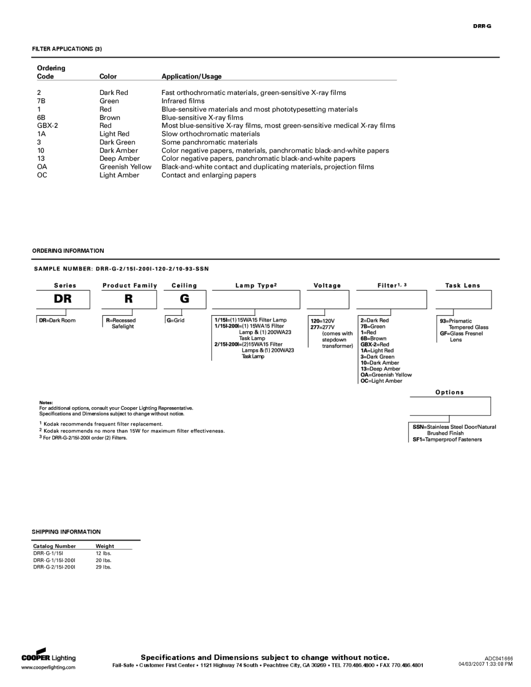 Cooper Lighting DRR-G specifications Ordering Code Color Application/Usage 