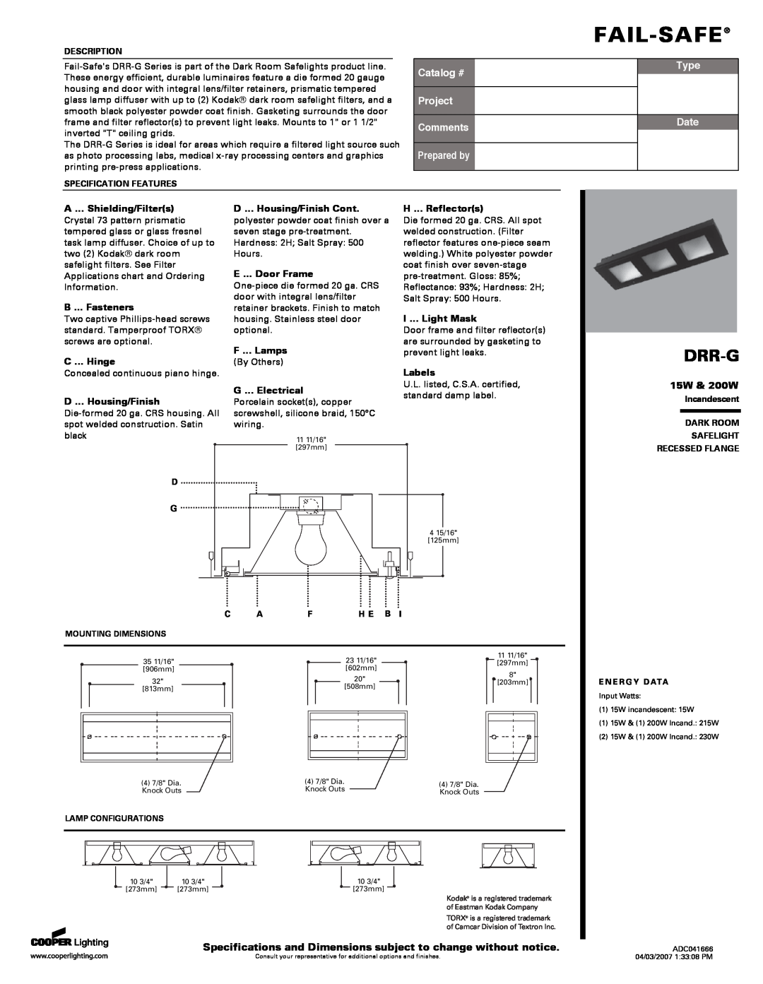Cooper Lighting DRR-G specifications 15W & 200W, Fail-Safe, Drr-G, Catalog #, Project Comments, Prepared by, Type, Date 
