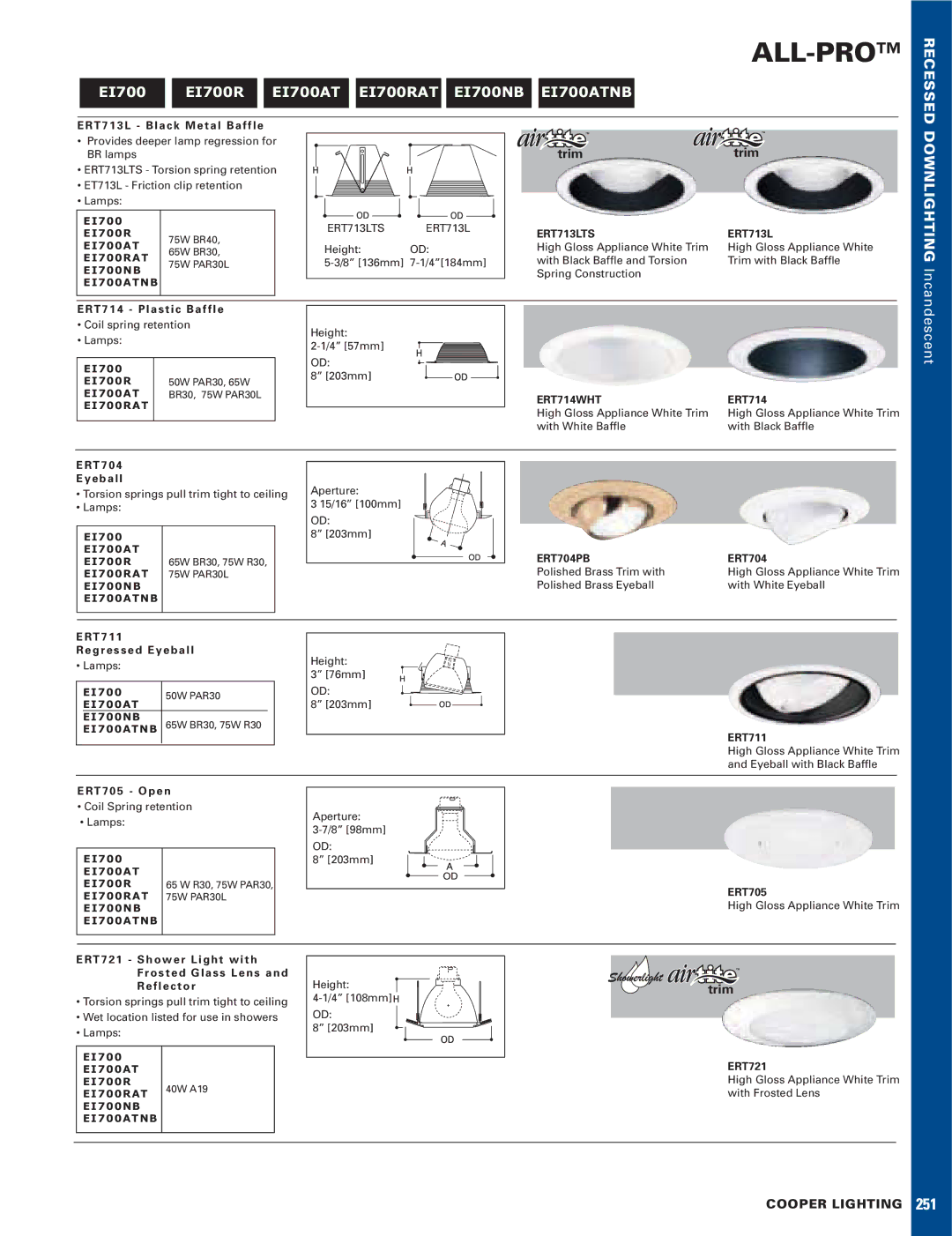 Cooper Lighting DVS-110I manual Recessed, Downlighting, ERT713LTS, ERT714WHT, ERT704PB 