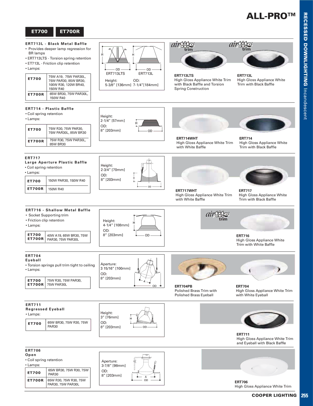 Cooper Lighting DVS-110I manual ET700 ET700R, ERT717WHT 