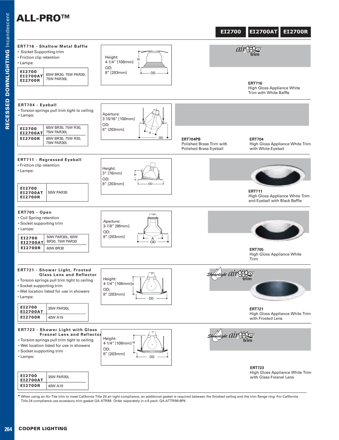 Cooper Lighting DVS-110I EI2700 EI2700AT EI2700R, RT 7 1 6 S h a l l o w M e t a l B a f f l e, RT 7 0 4 E y e b a l l 