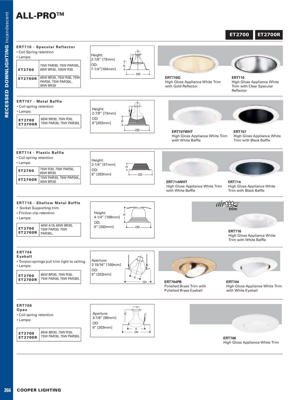 Cooper Lighting DVS-110I manual ET2700 ET2700R, ERT710G, ERT707WHT 