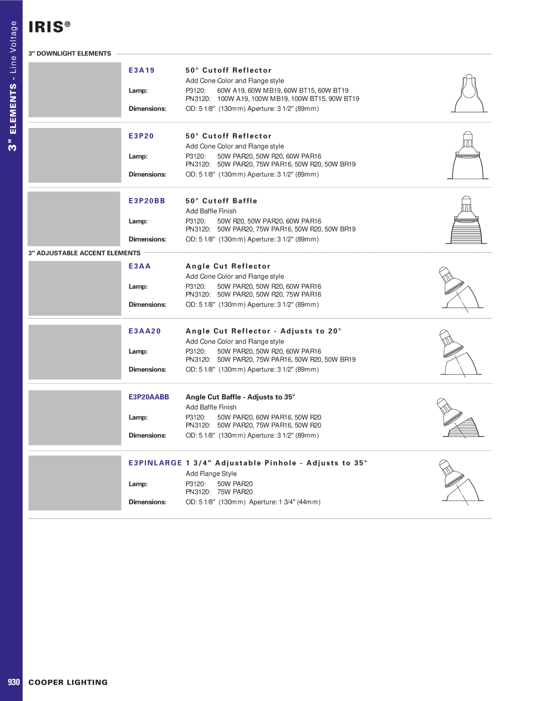 Cooper Lighting E3PINLARGE, E3PINCLOSET A 1, P 2 0 B B, G l e C u t R e f l e c t o r, Angle Cut Baffle Adjusts to 