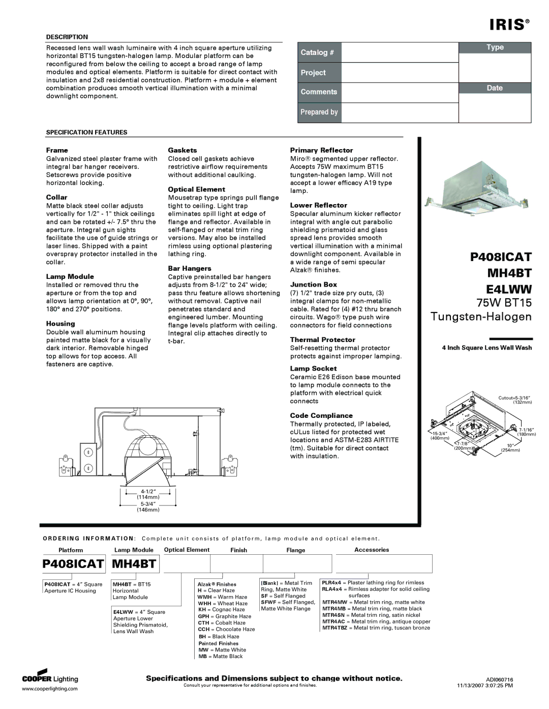 Cooper Lighting specifications P408ICAT MH4BT E4LWW 