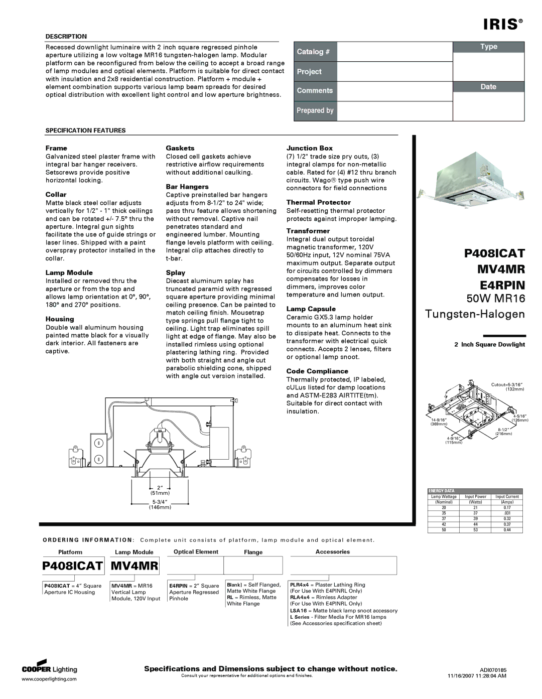 Cooper Lighting MV4MR specifications Frame, Collar, Lamp Module, Housing, Gaskets, Bar Hangers, Splay, Junction Box 