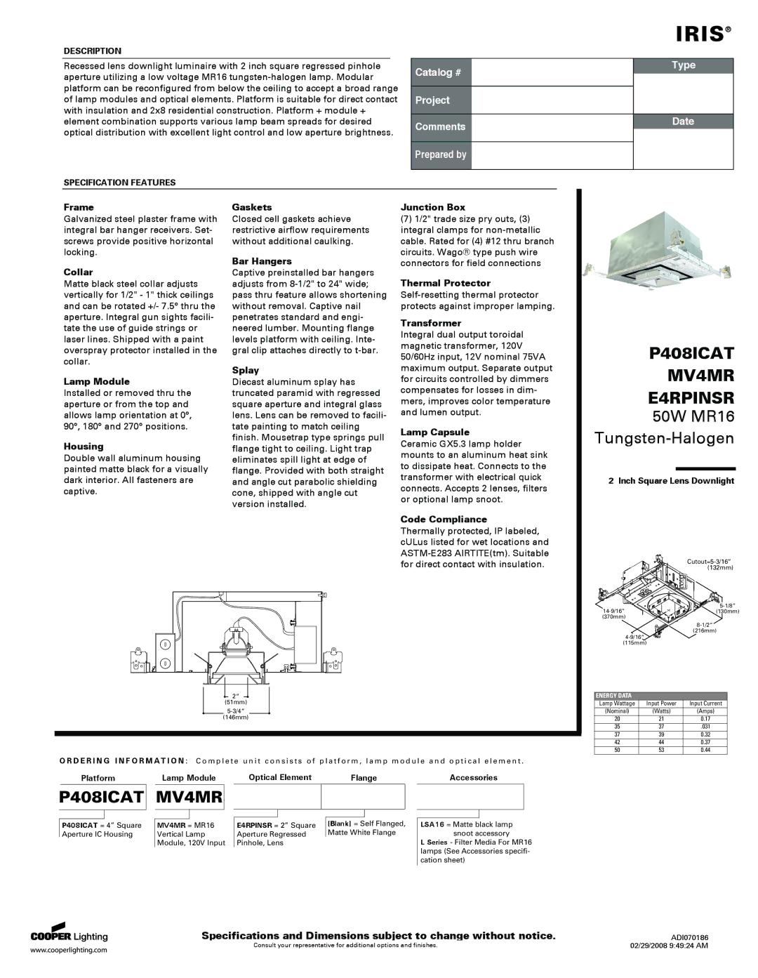 Cooper Lighting E4RPINSR specifications Frame, Collar, Lamp Module, Housing, Gaskets, Bar Hangers, Splay, Junction Box 