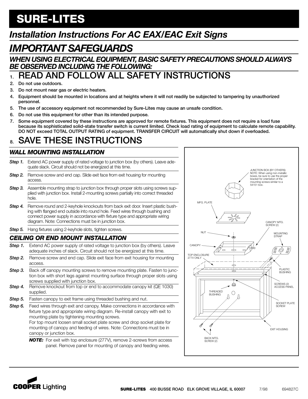 Cooper Lighting EAC Exit Series installation instructions Sure-Lites, Important Safeguards, Wall Mounting Installation 