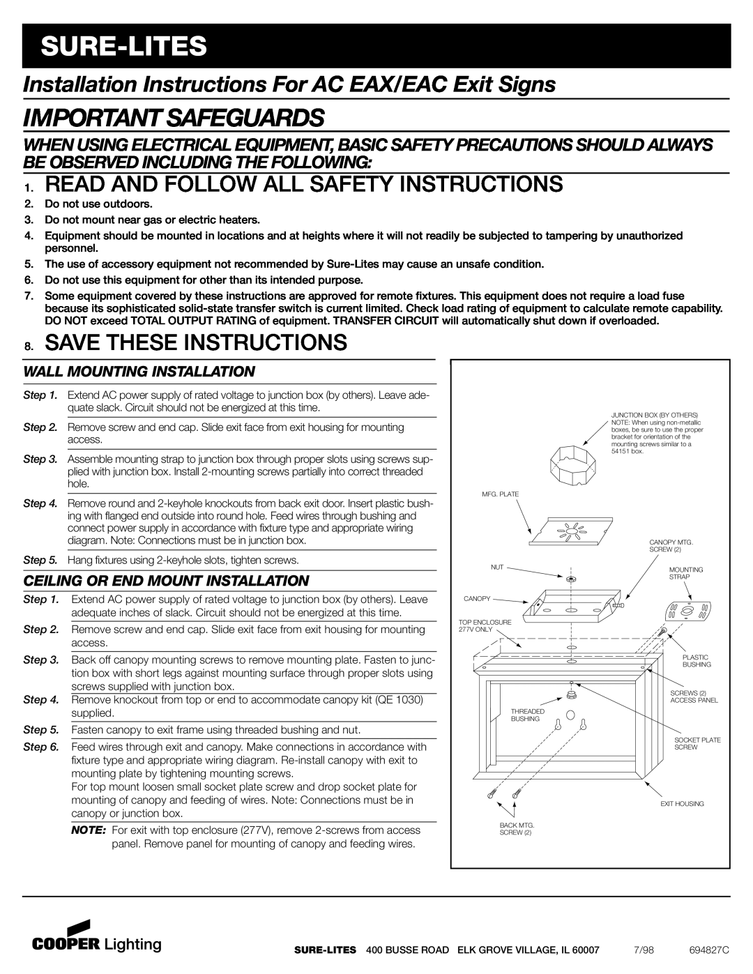 Cooper Lighting EAC Exit Series installation instructions Sure-Lites, Important Safeguards, Save These Instructions 