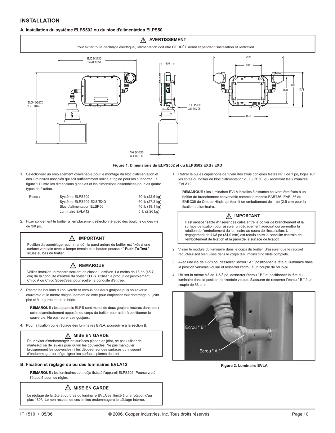 Cooper Lighting ELPS502 manual Remarque, Mise EN Garde, Fixation et réglage du ou des luminaires EVLA12 