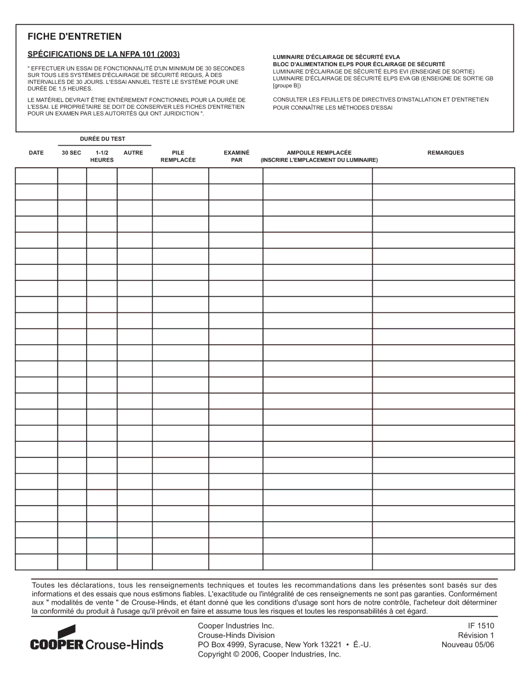 Cooper Lighting ELPS502 manual Fiche Dentretien, Spécifications DE LA Nfpa 101 