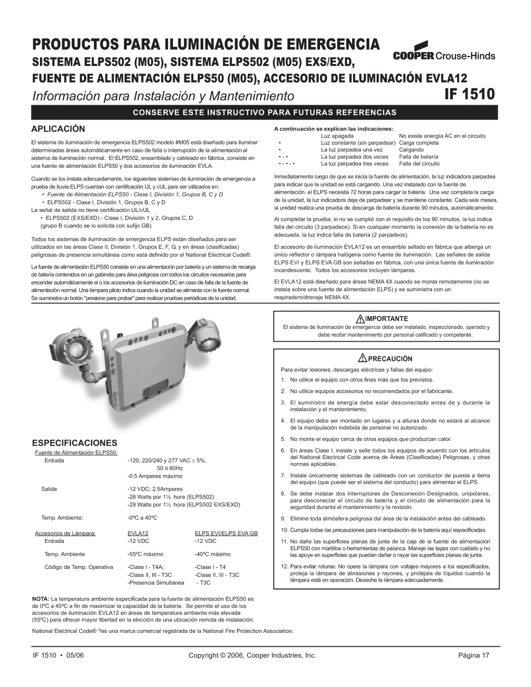 Cooper Lighting ELPS502 Aplicación, Especificaciones, Importante, Precaución, Continuación se explican las indicaciones 