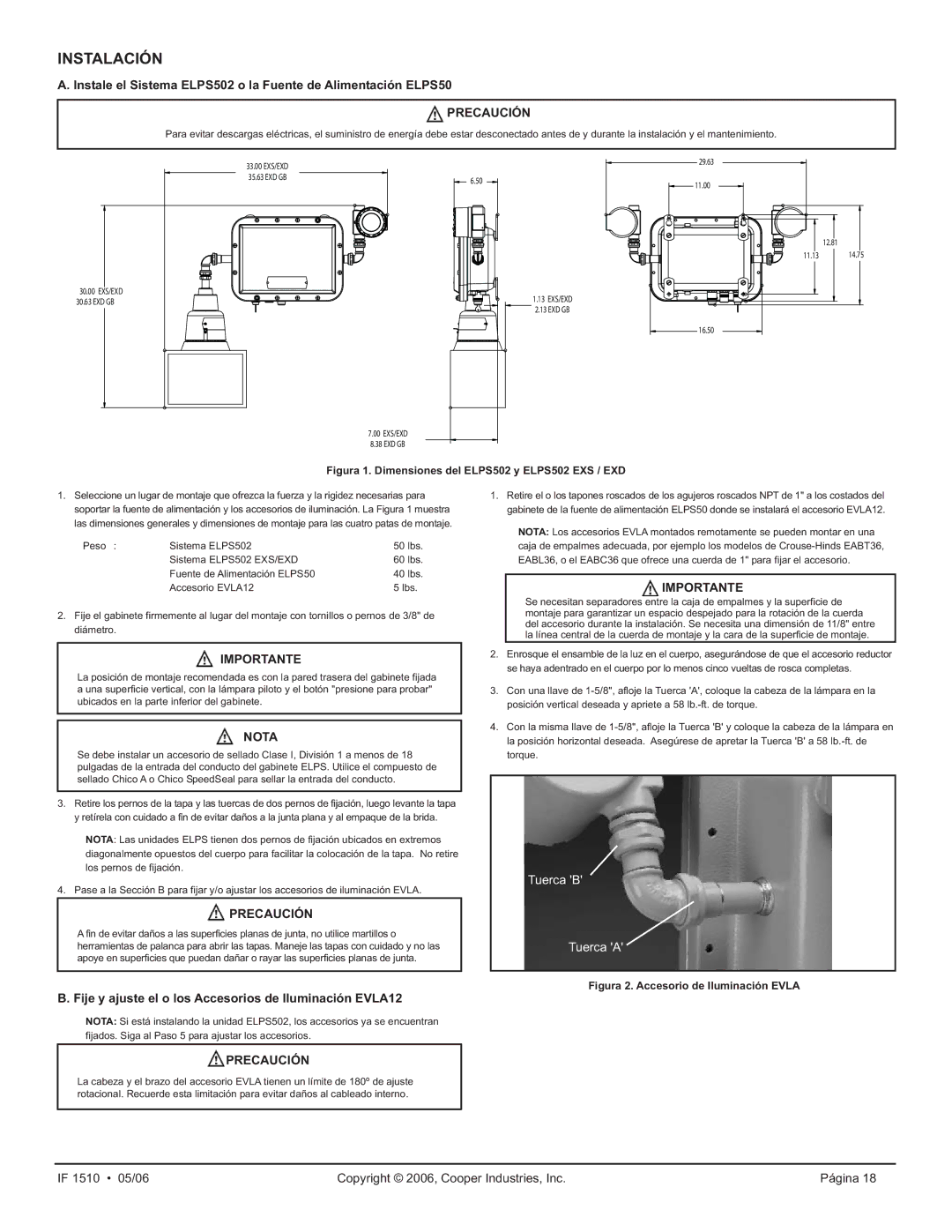 Cooper Lighting ELPS502 manual Instalación, Nota, Fije y ajuste el o los Accesorios de Iluminación EVLA12 