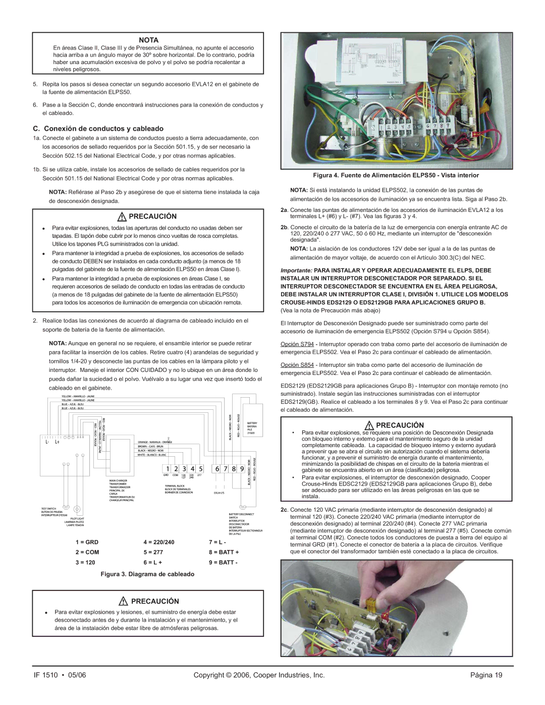 Cooper Lighting ELPS502 Conexión de conductos y cableado, = Batt +, = L + = Batt, Vea la nota de Precaución más abajo 