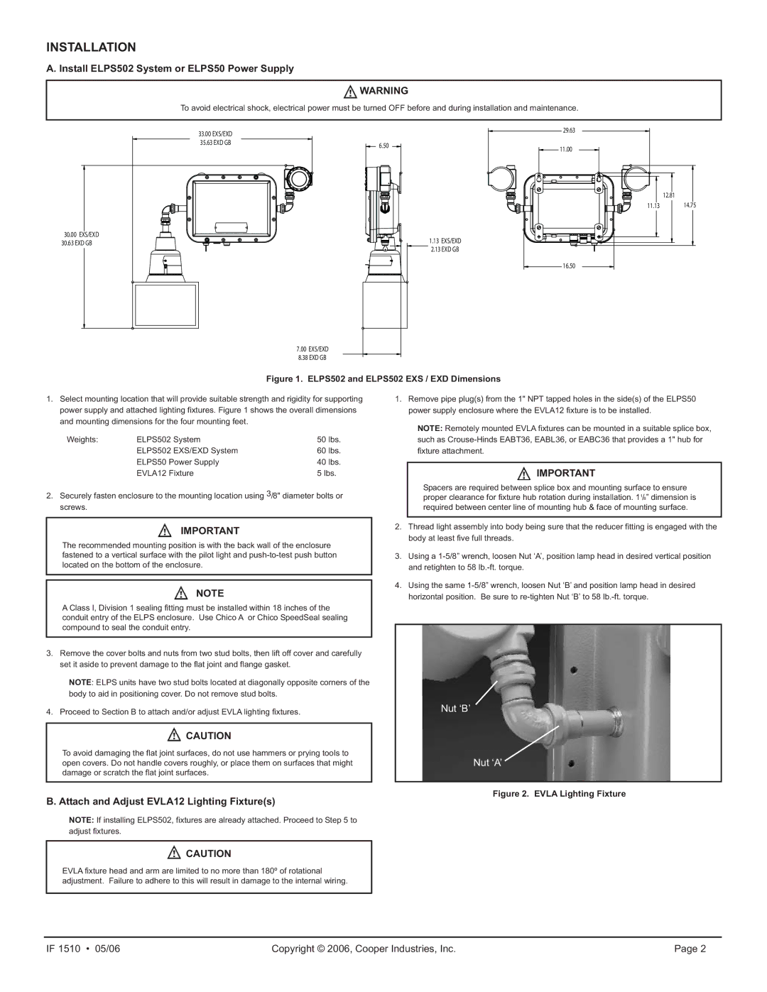 Cooper Lighting Installation, Install ELPS502 System or ELPS50 Power Supply, Attach and Adjust EVLA12 Lighting Fixtures 