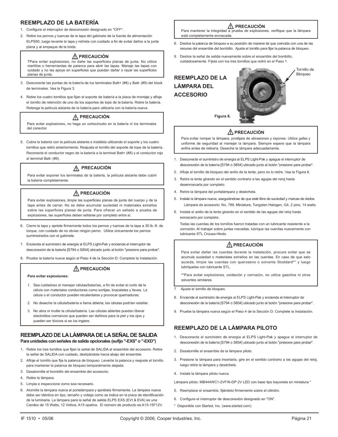 Cooper Lighting ELPS502 manual Reemplazo DE LA Batería, Reemplazo DE Lalámparade Laseñal DE Salida, Para evitar explosiones 