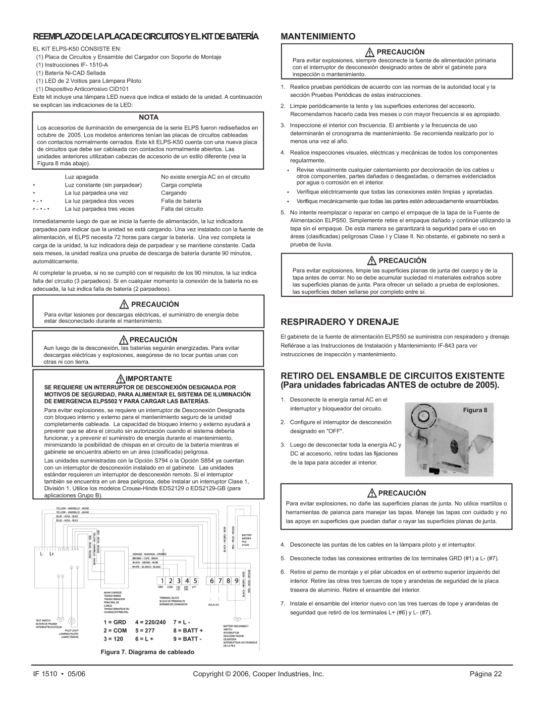 Cooper Lighting ELPS502 manual Reemplazodelaplacadecircuitosyelkitdebatería, Mantenimiento, Respiradero Y Drenaje 