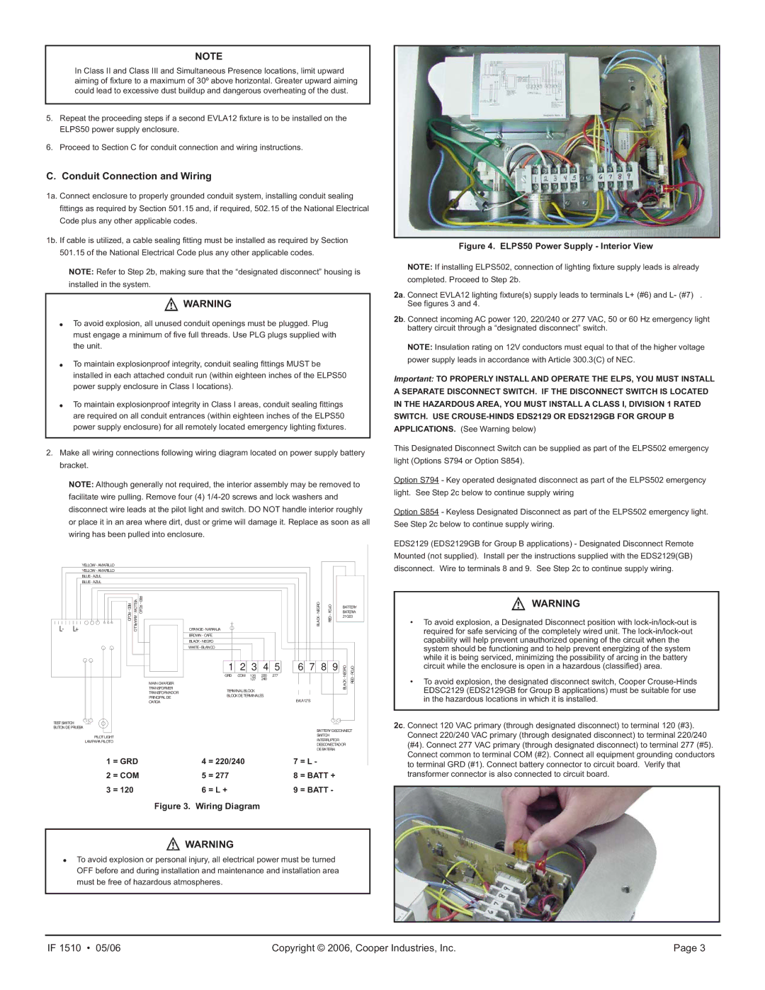 Cooper Lighting ELPS502 manual Conduit Connection and Wiring, = 220/240 = L, = Batt + = L + 