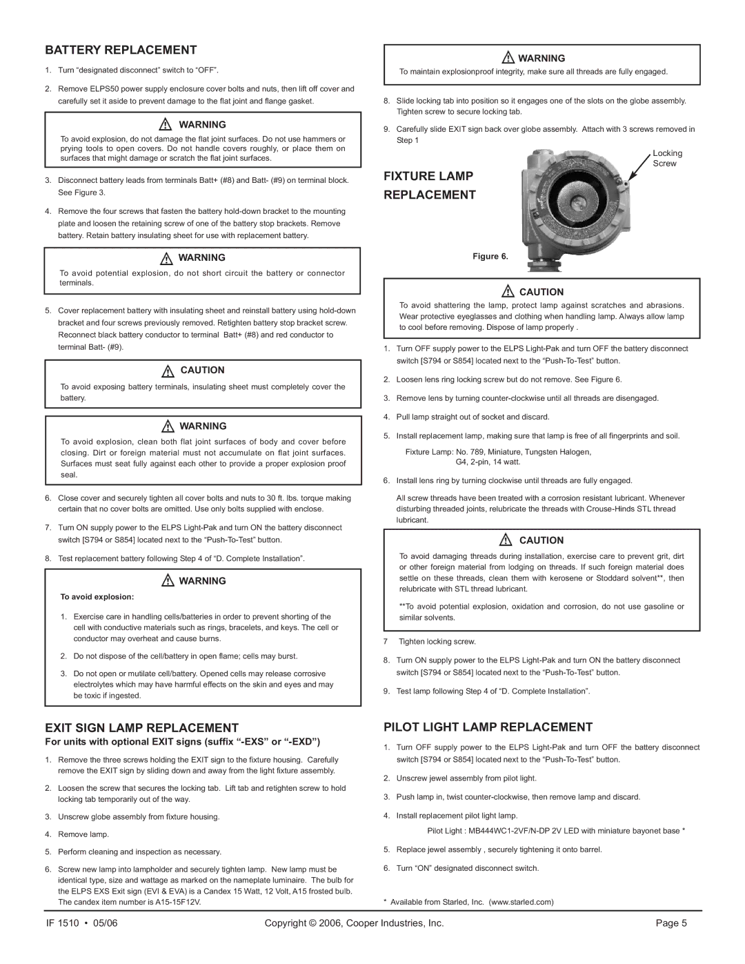 Cooper Lighting ELPS502 manual Battery Replacement, Fixture Lamp Replacement, Exit Sign Lamp Replacement 