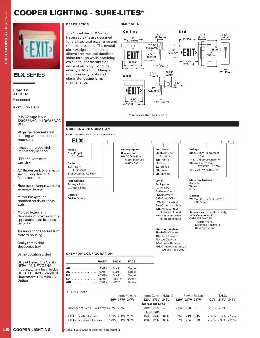 Cooper Lighting ELX Series dimensions Family, Face Options, Battery, Factory Options Blank=None, Trim Finish, Voltage 